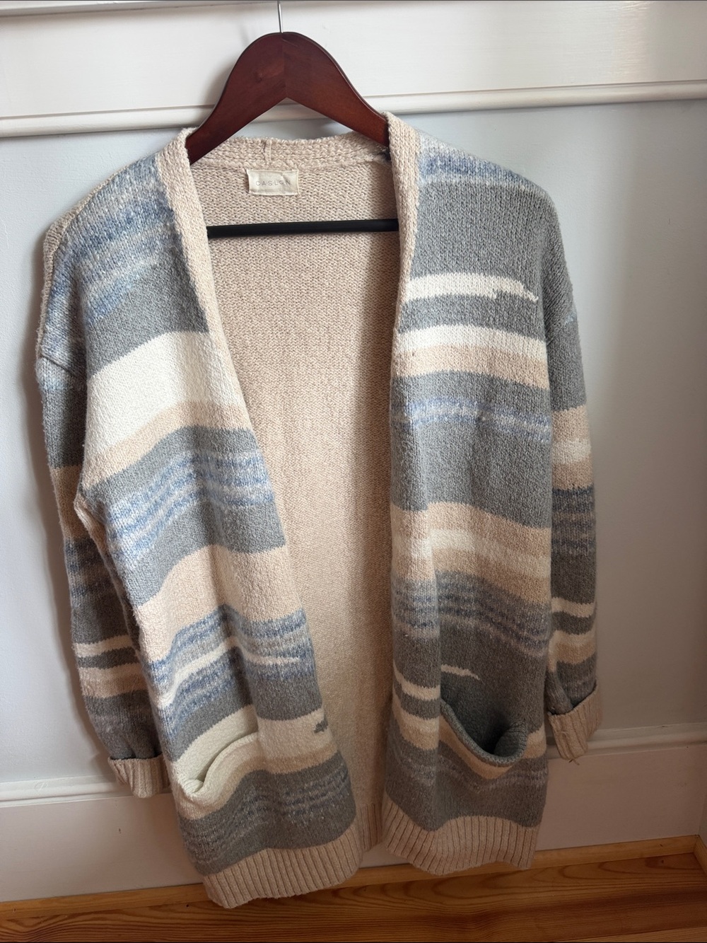 Caslon Striped Open Cardigan in Cream, Gray & Light Blue